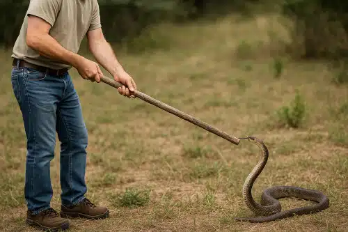 Immagine di una persona che allontana un serpente con un bastone Una persona che allontana un serpente con un bastone, come suggerito da alcuni metodi per tenere lontano i rettili