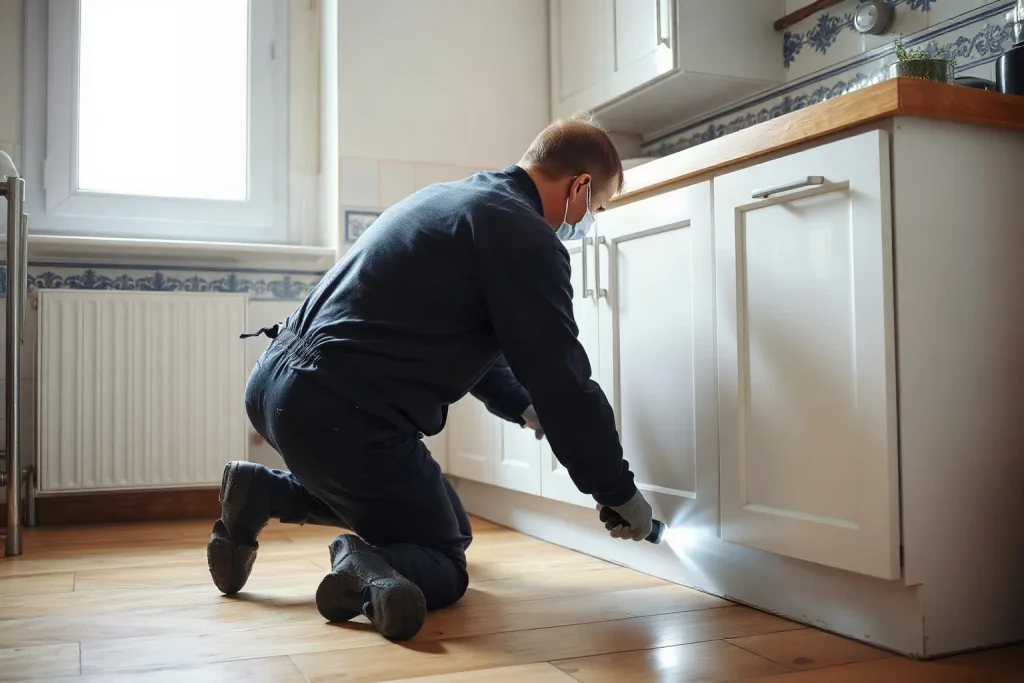 Un tecnico in divisa scura, inginocchiato in una cucina con le maioliche azzurre, illumina con la torcia lo zoccolo dei mobili