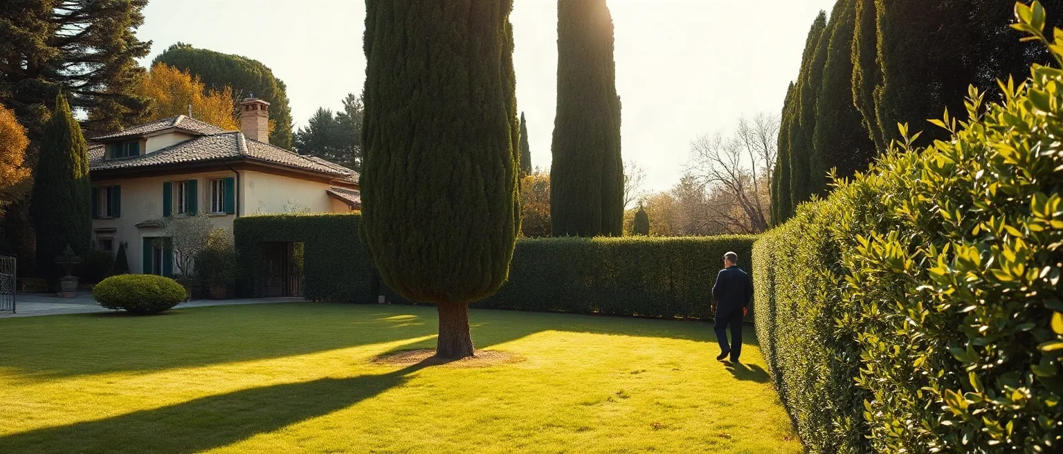 Il giardino di una villa con il prato, i cipressi e una siepe di alloro, e un tecnico che la percorre