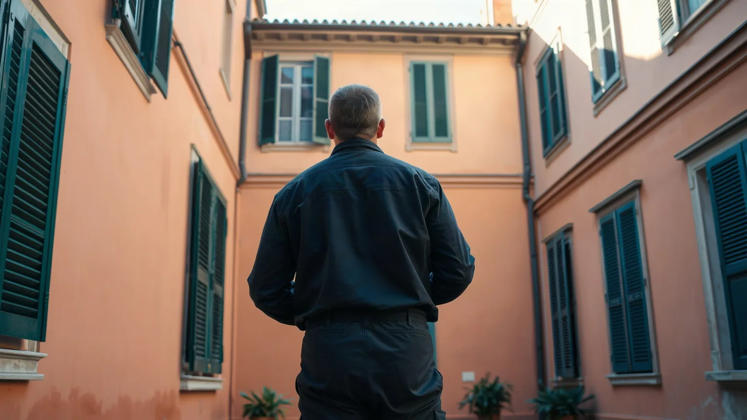 Un tecnico in divisa scura, di spalle, guarda le gronde di un cortile con i muri color ocra e le persiane verdi